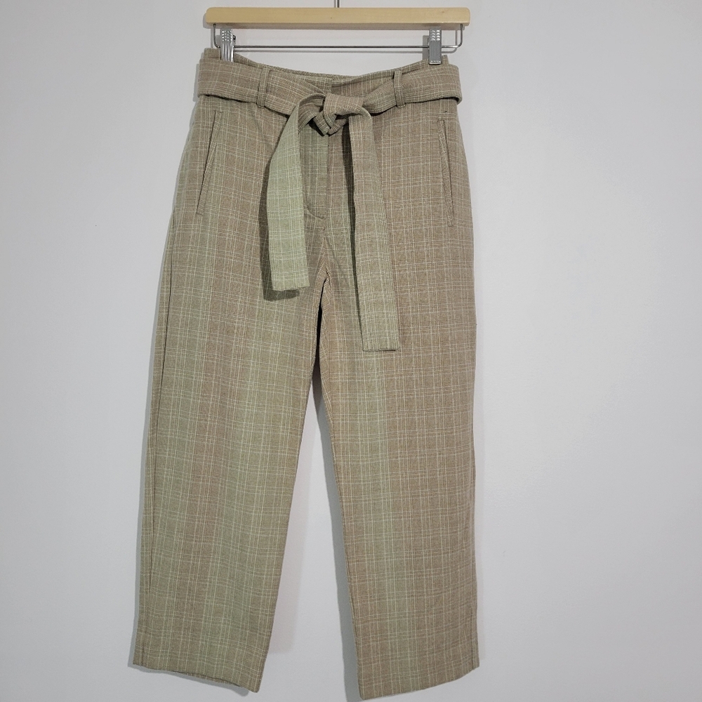 ARITZIA WILFRED WOMEN'S JALADE TAN CHECKER CROPPED BELTED WOOL BLEND PANTS